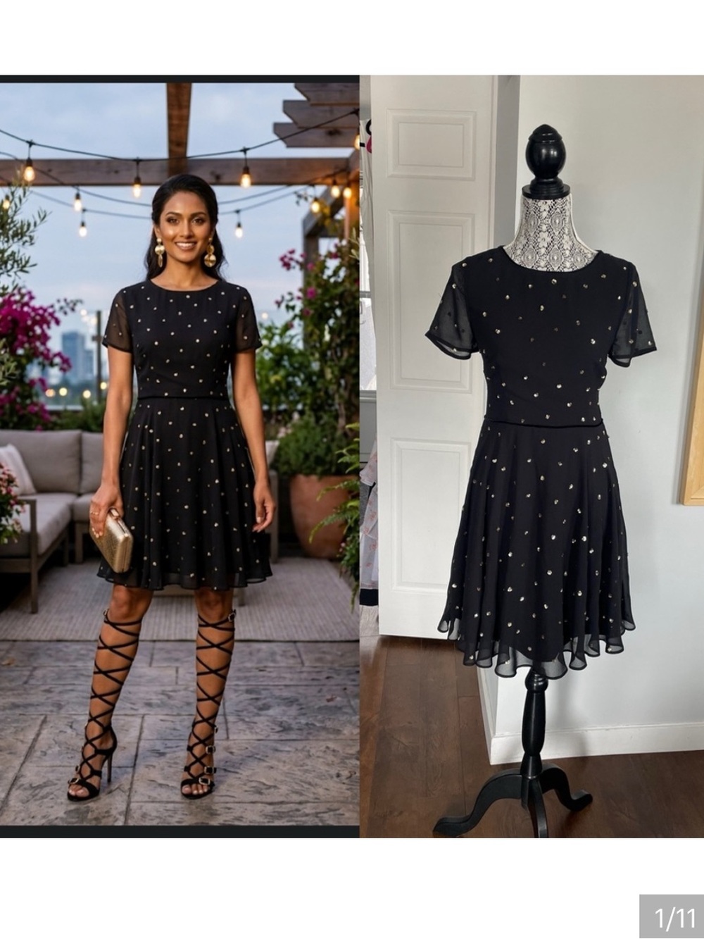 Large Monsoon UK Chiffon Fit and Flare Dress. Black With Gold Sequins. Size 8.